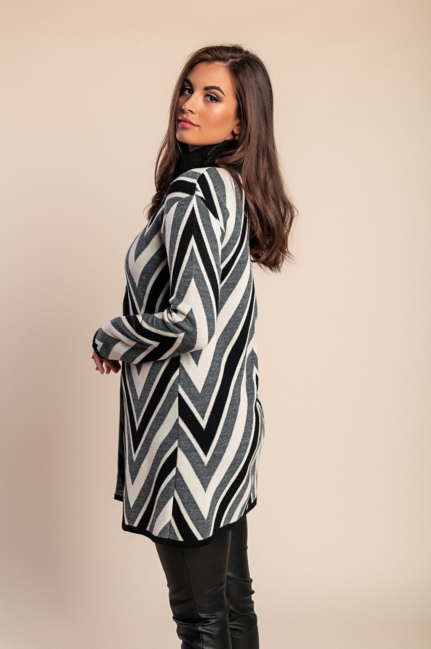 Cardigan in maglia stampata, colore grigio/nero/bianco