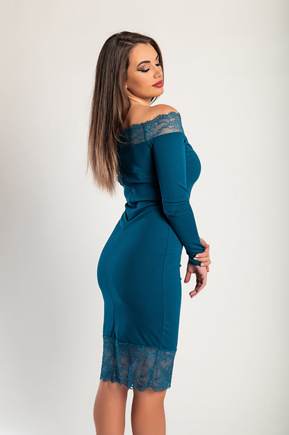 Abito elegante midi a maniche lunghe con dettaglio in pizzo trasparente Avignon, nero