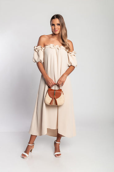 Abito lungo con volant, beige