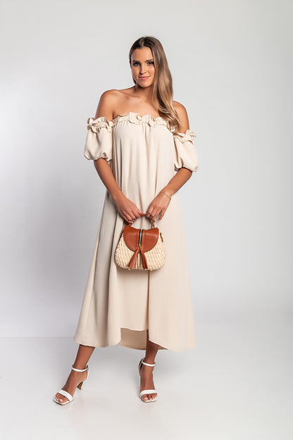 Abito lungo con volant, beige
