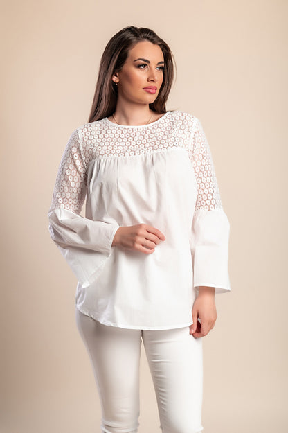 Camicetta in cotone con pizzo, bianca