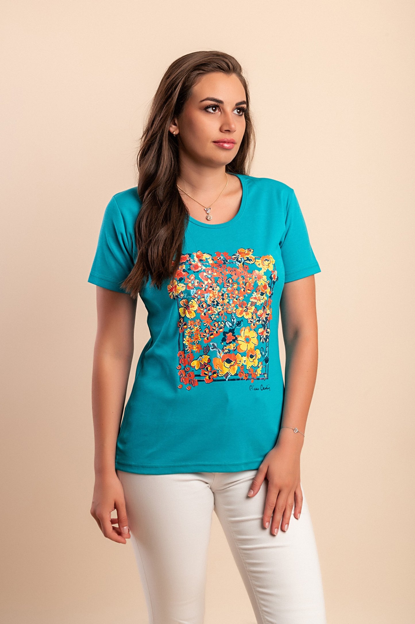 T-shirt in cotone con stampa, turchese