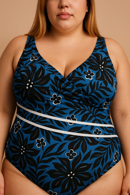 Costume intero taglie forti con stampa, blu