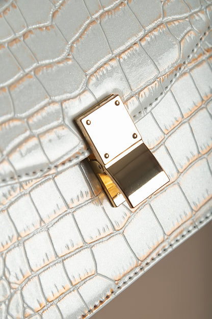 Borsa a mano stampa coccodrillo, bianco-oro