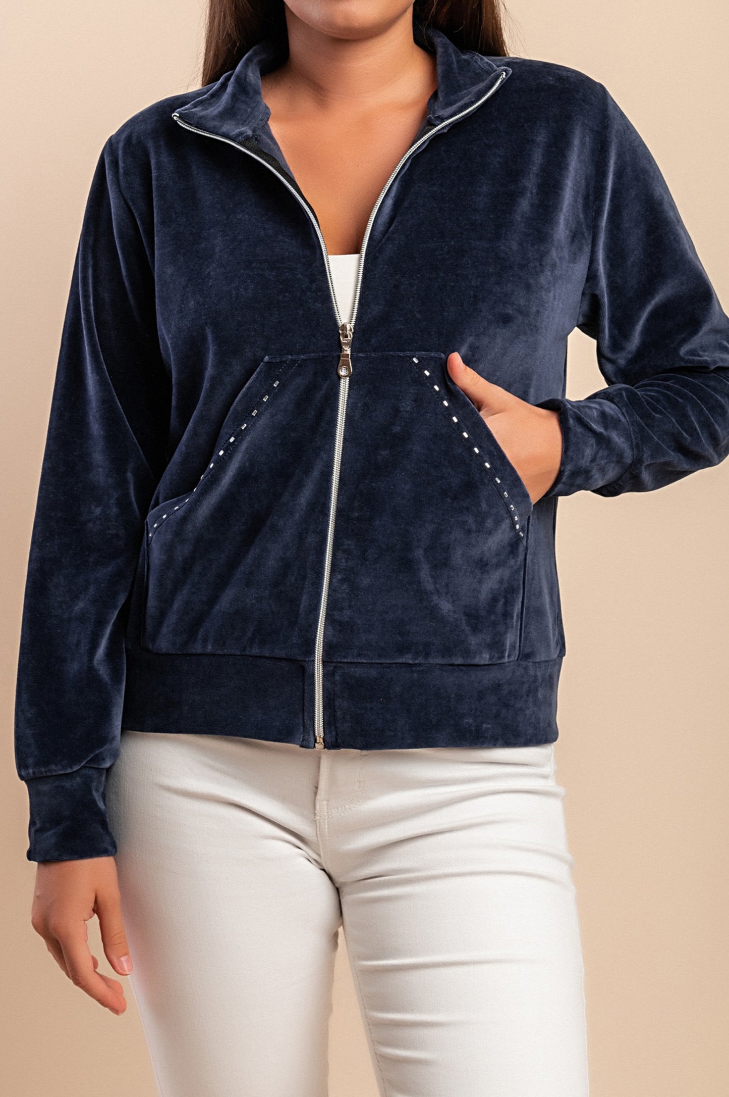 Felpa con zip in cotone e velluto sintetico, blu