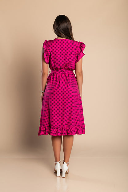 Abito midi con fantasia a pois, rosso