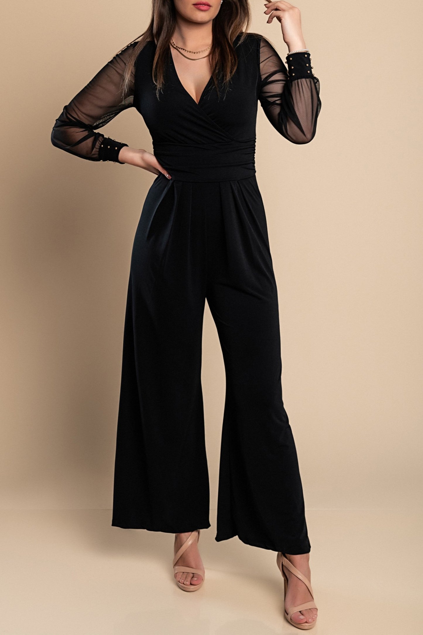 JUMPSUIT ELEGANTE CON SCOLLO A "V" E MANICHE TRASPARENTI CON RIVETTI GEORGINA, NERO