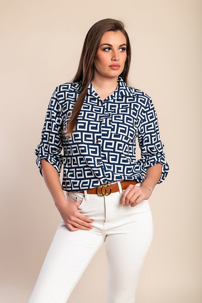 Elegante blusa con stampa geometrica Lavlenta, nera e beige