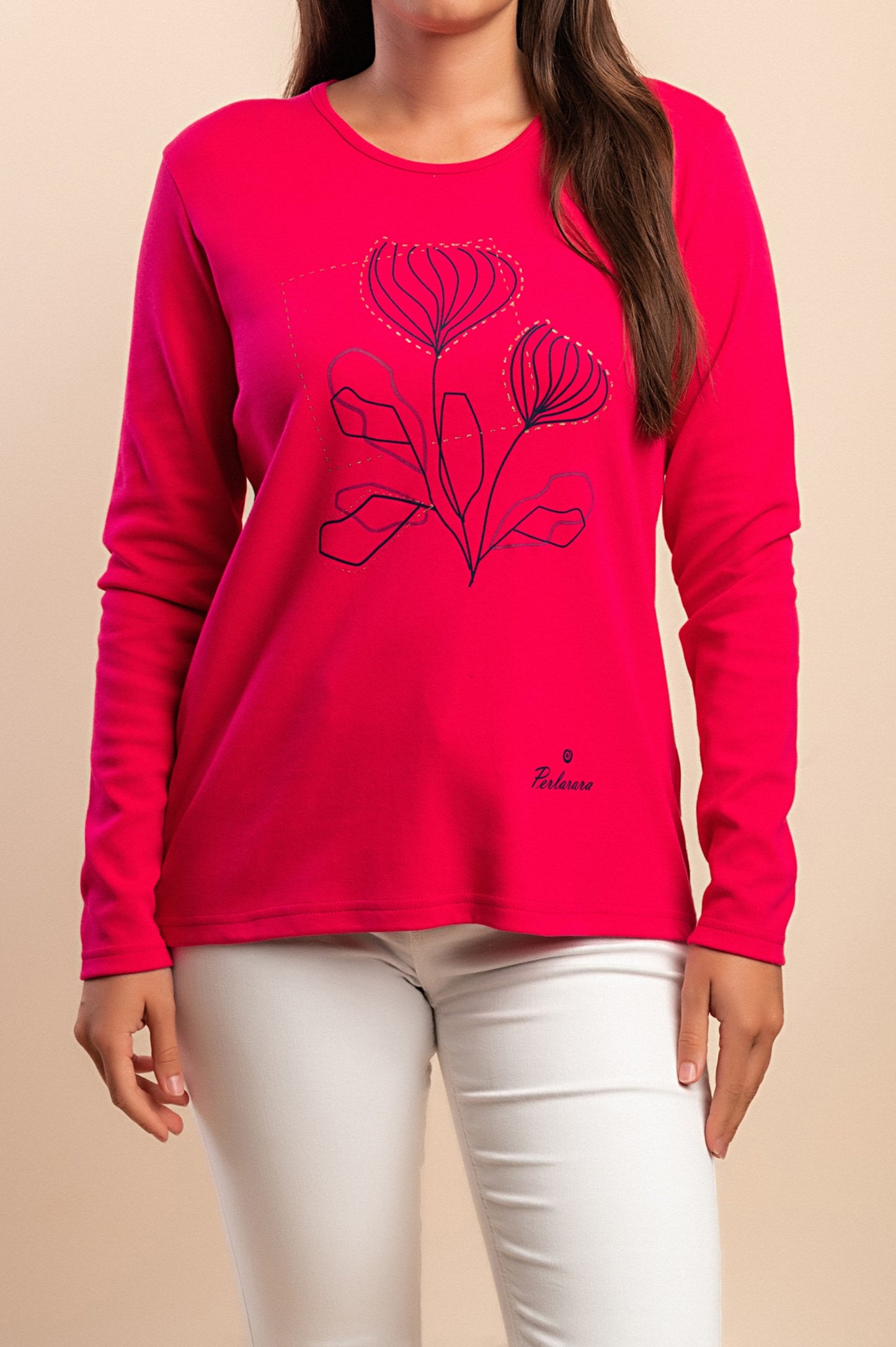 Top in cotone a maniche lunghe, Rosa