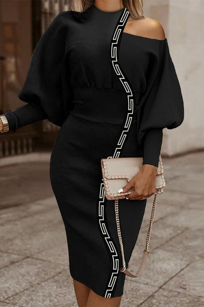Elegante abito midi con stampa geometrica, nero e beige