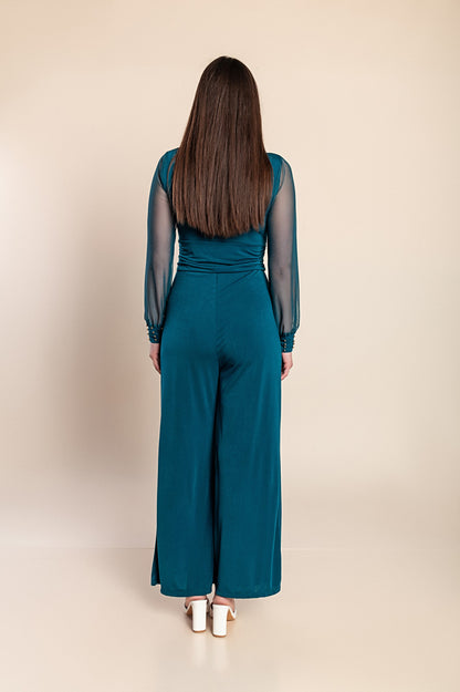 JUMPSUIT ELEGANTE CON SCOLLO A "V" E MANICHE TRASPARENTI CON RIVETTI GEORGINA, NERO