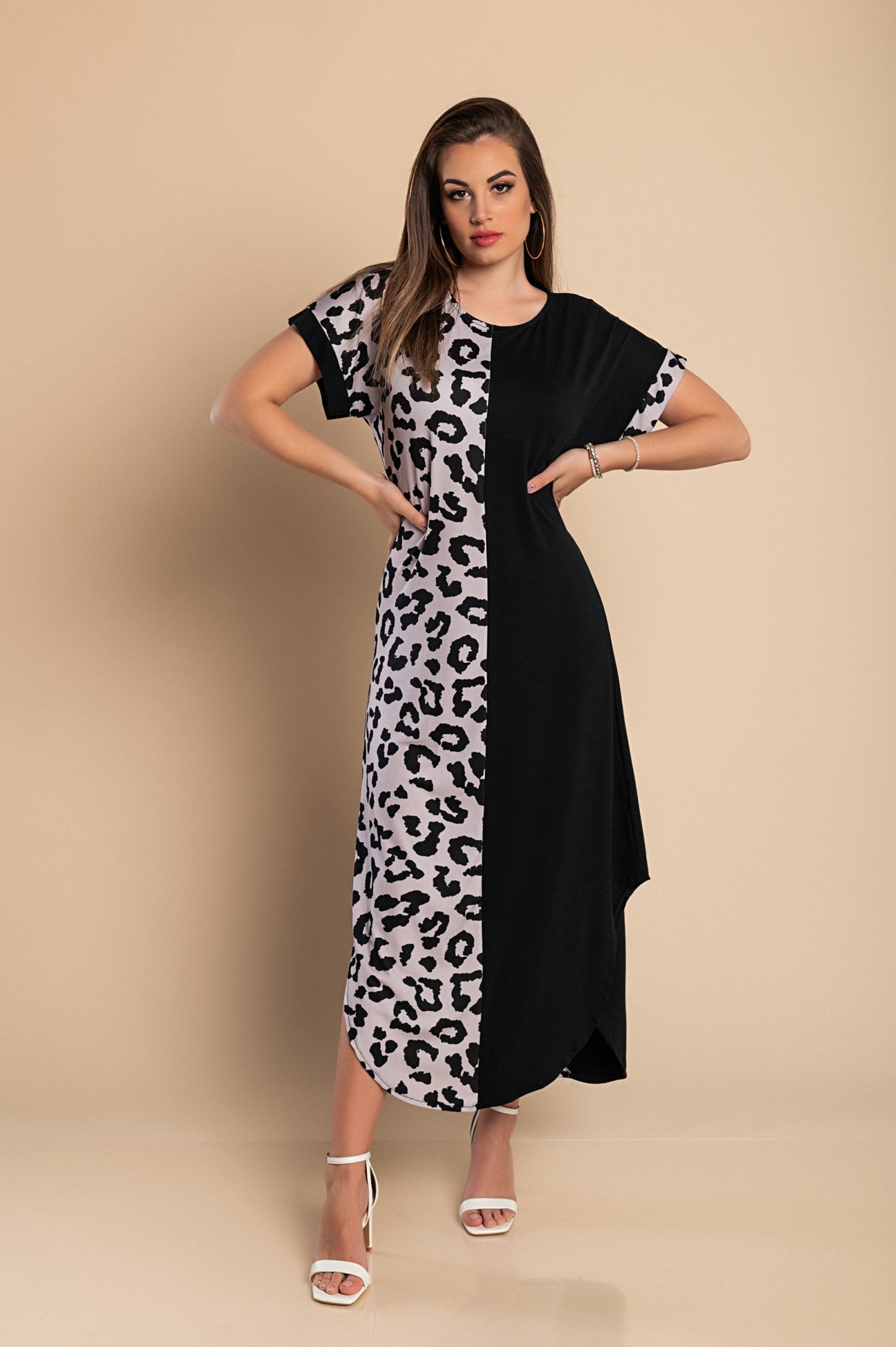 Elegante maxi abito leopardato, nero