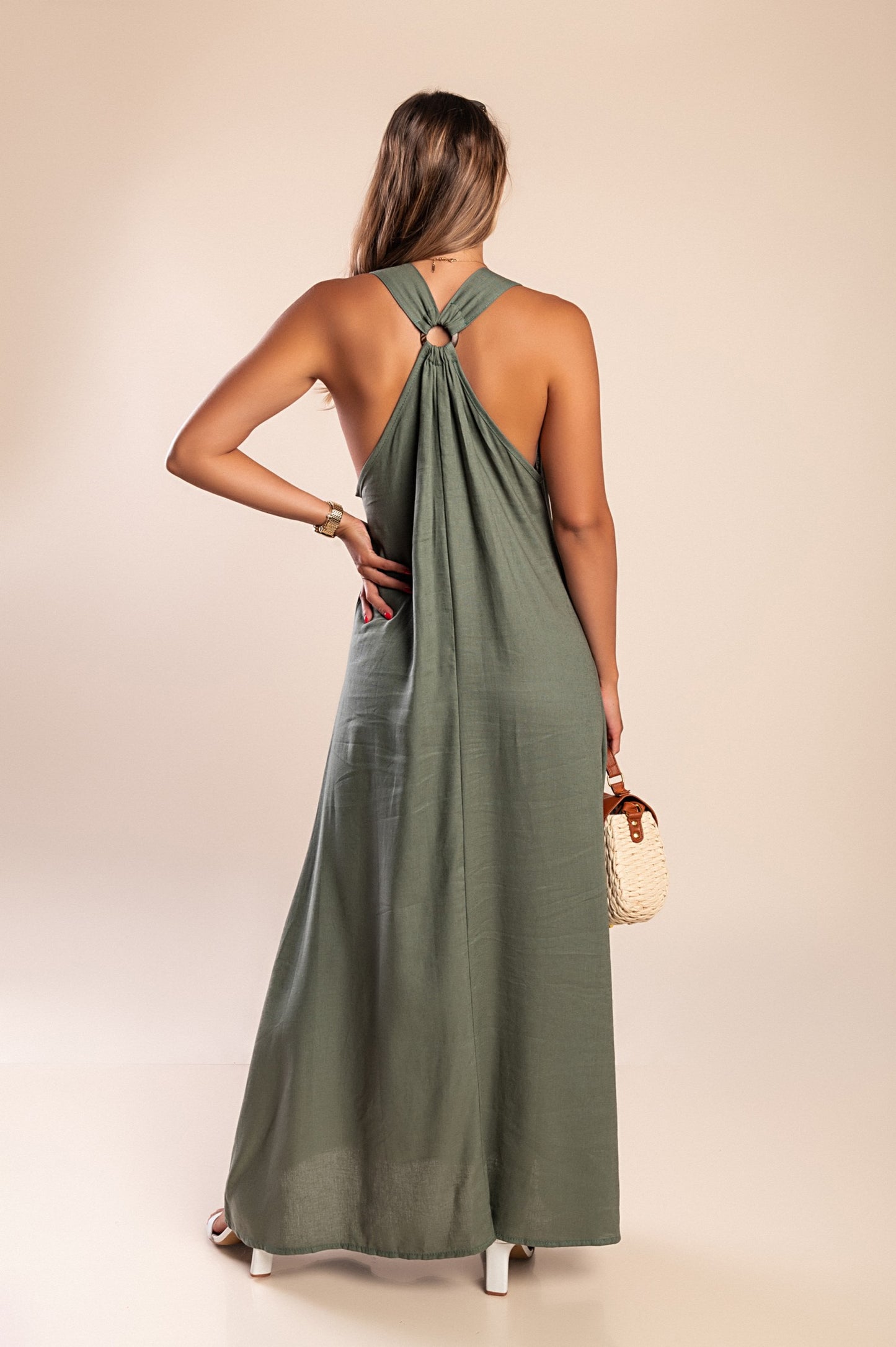 Maxi abito in lino, oliva