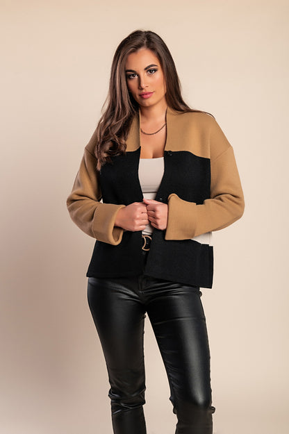 Cardigan in maglia con scollo a "V", colore beige/nero/bianco