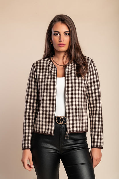 Cardigan in maglia con stampa a quadri, cammello