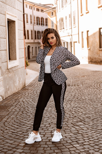 Completo pantalone con blazer elegante con stampa geometrica Nunzia, beige