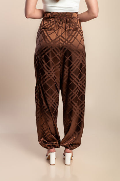 Pantaloni lunghi taglie forti in finto raso, marrone