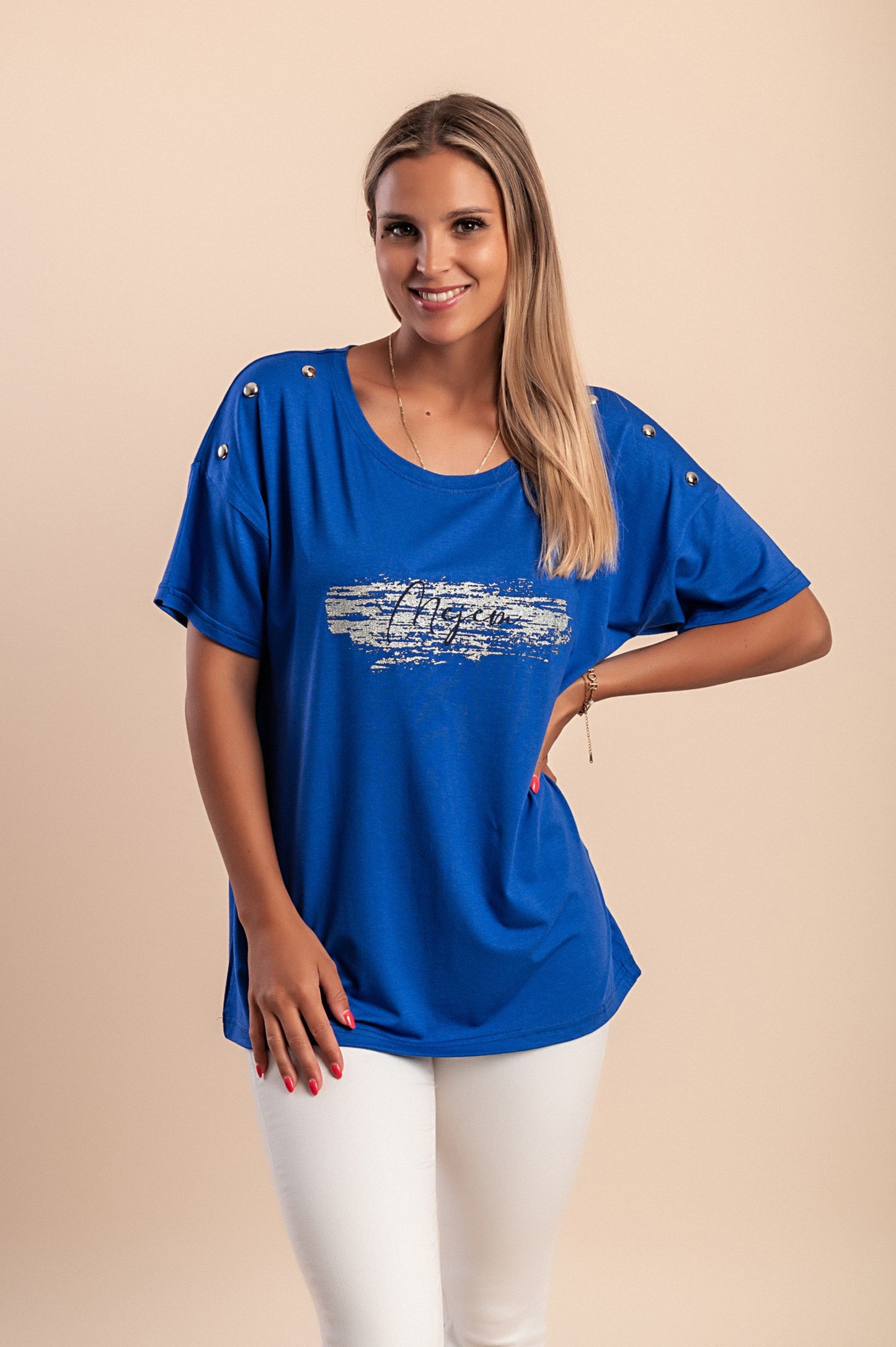 T-shirt con rivetti decorativi, blu reale