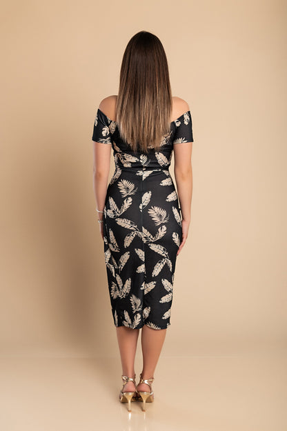 Elegante abito midi con stampa, nero