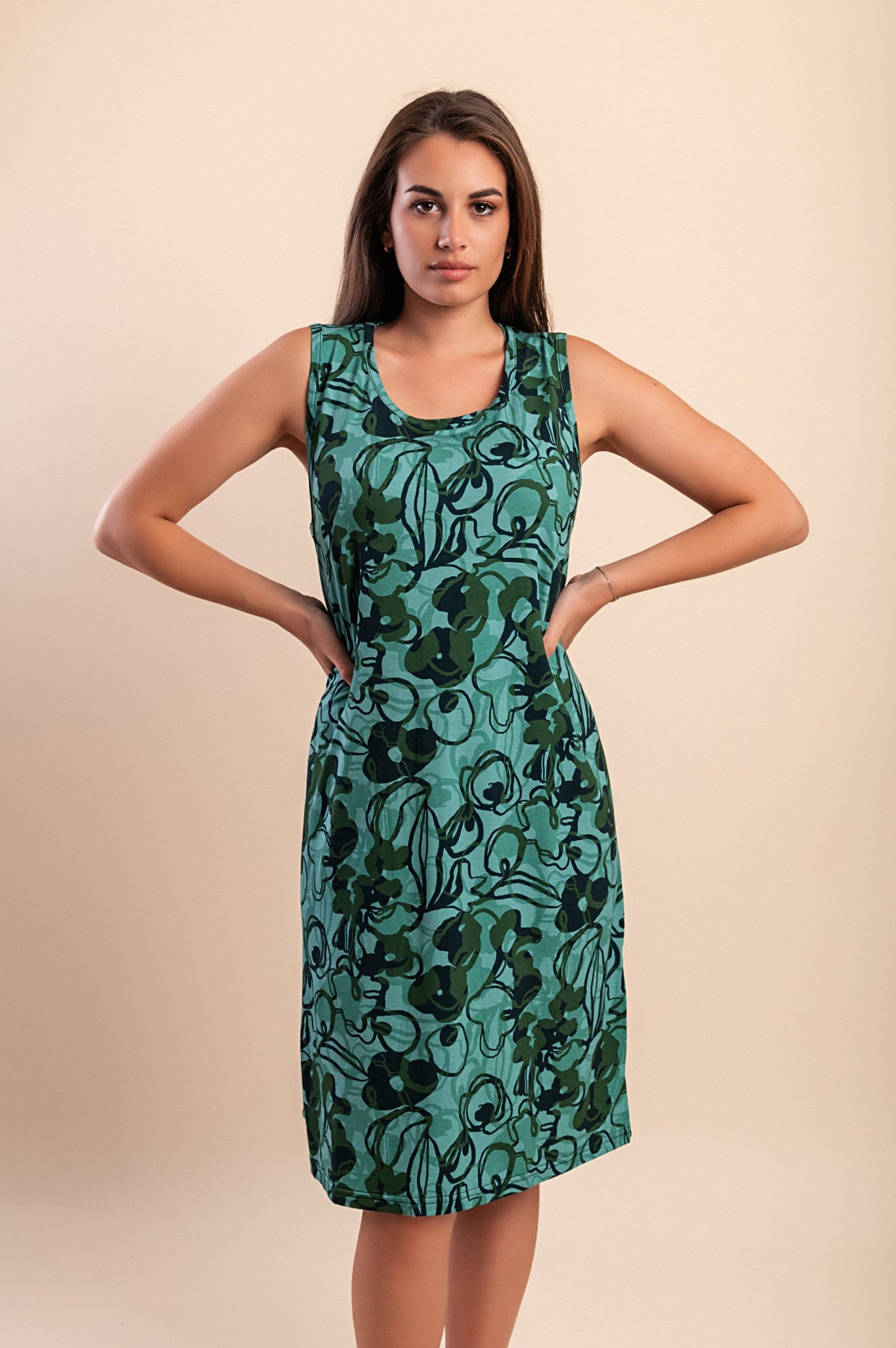 Abito midi con stampa, verde