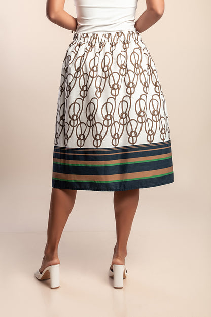 Gonna midi in cotone con stampa, bianca