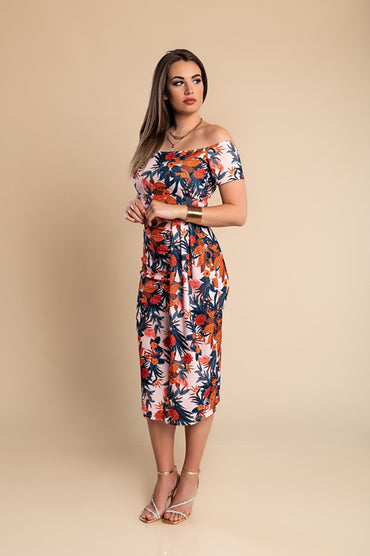 Elegante abito midi con stampa floreale, rosa chiaro