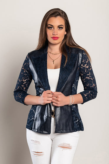 Blazer in similpelle con pizzo Amalfi, blu scuro