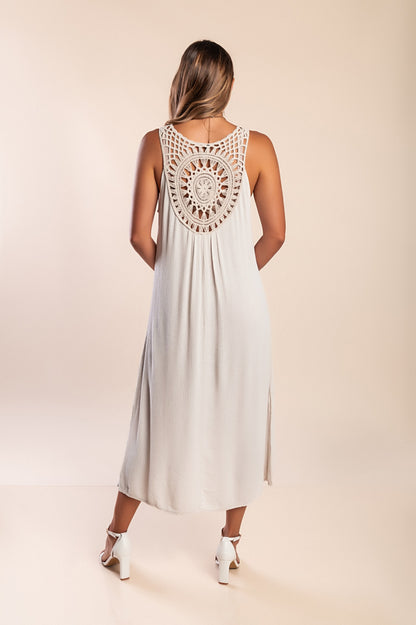 Abito midi con dettaglio all'uncinetto, beige