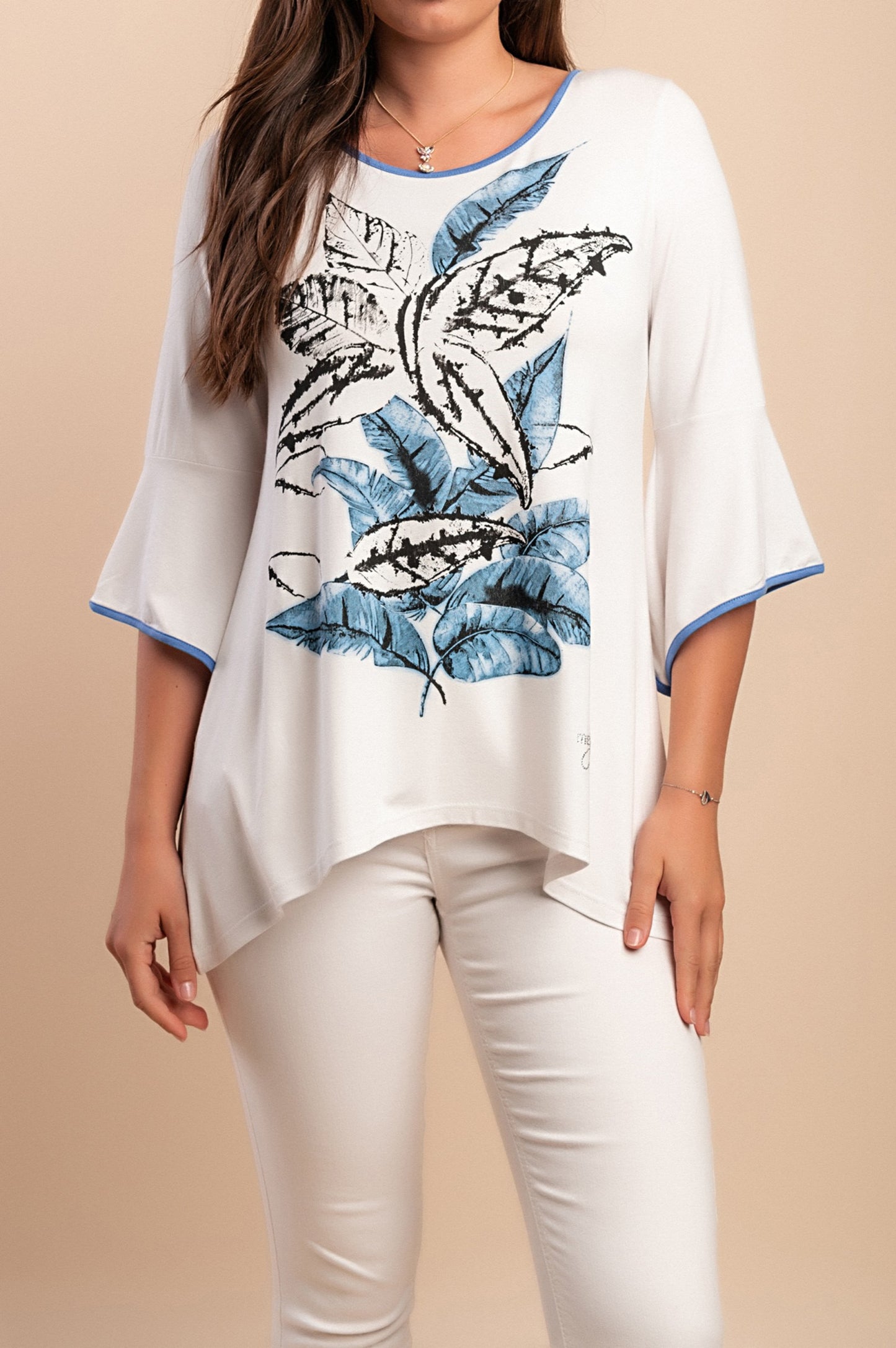 Top stampato con maniche a 3/4, blu