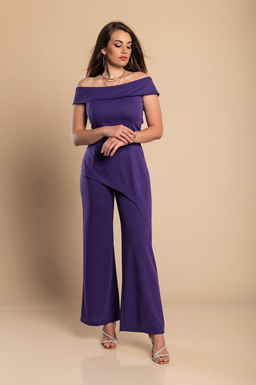 Elegante set composto da top e pantaloni asimmetrici, viola
