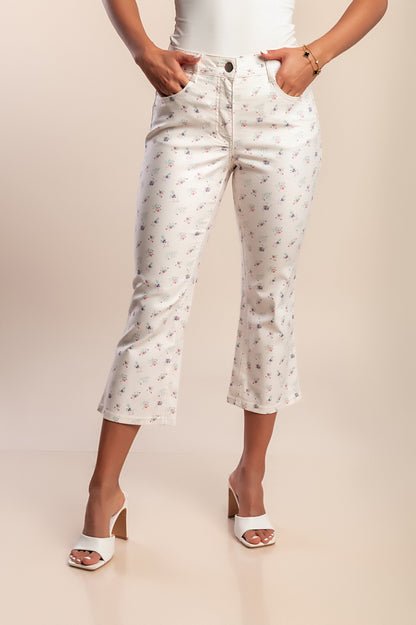 Pantaloni capri in cotone con stampa, bianchi