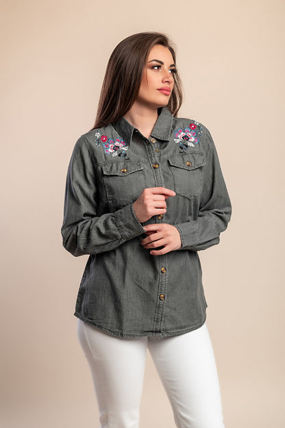 Camicia in denim taglie forti con ricamo, grigia