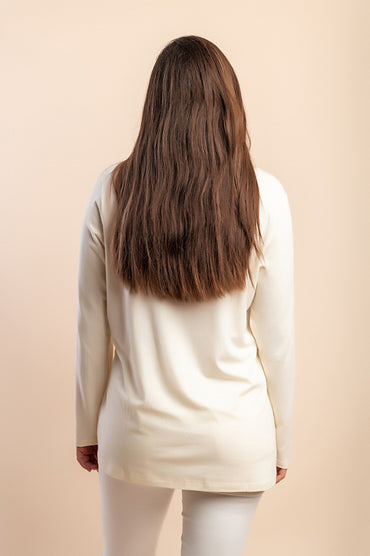 Top in cotone con scollo rotondo, crema