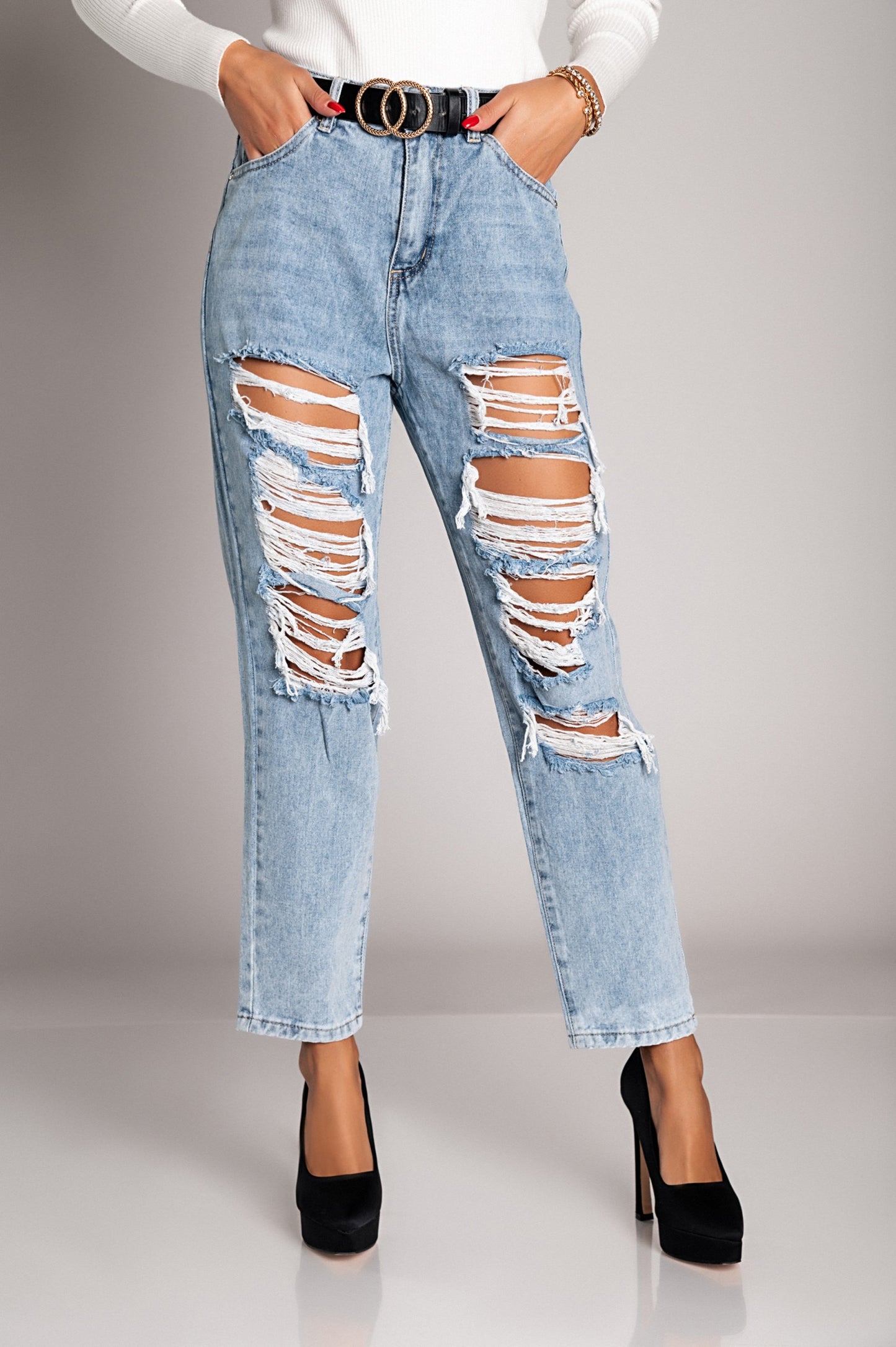 Jeans dritti strappati  Volenta, azzurro