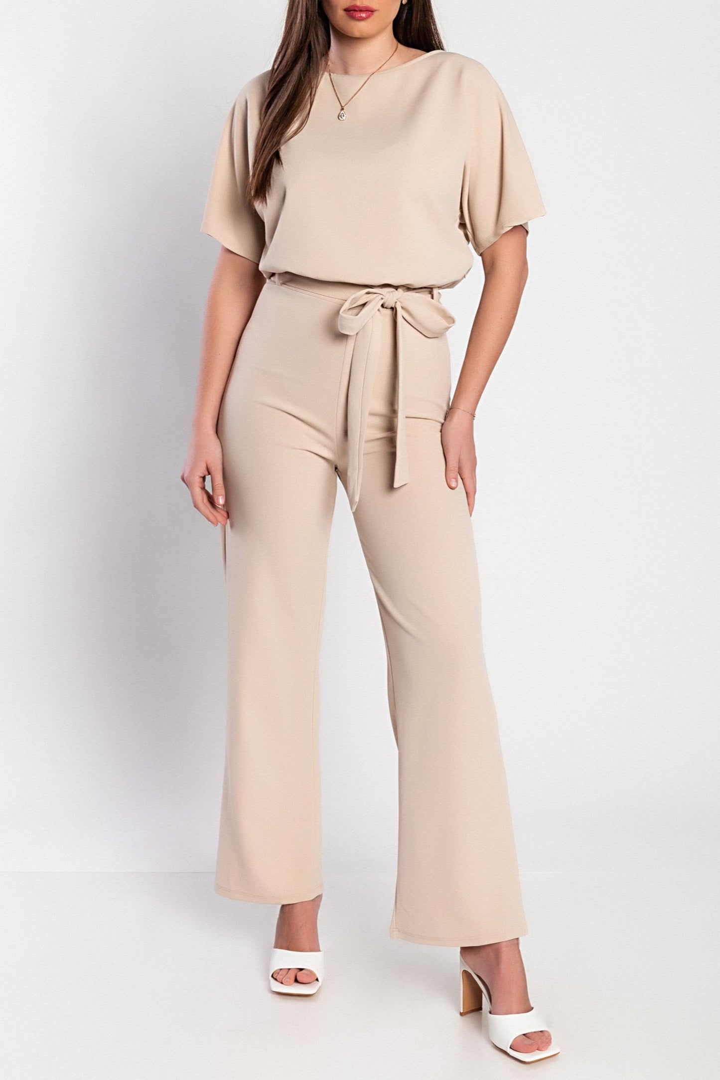 Tuta fashion con pantaloni lunghi ampi e maniche corte  Nelia, albicocca