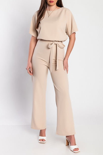 Tuta fashion con pantaloni lunghi ampi e maniche corte  Nelia, albicocca