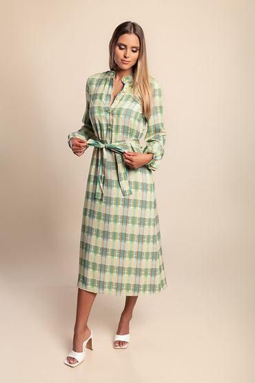 Abito midi con stampa a quadri, verde