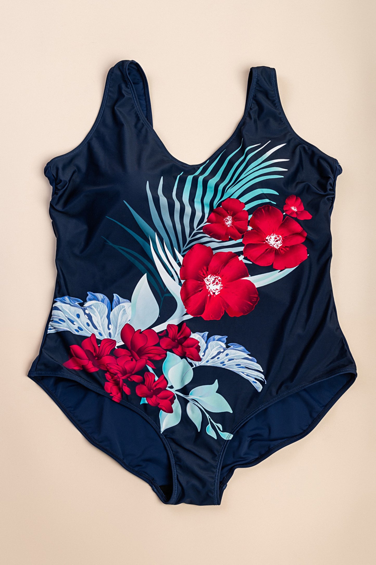 Costume da bagno taglie forti con stampa floreale, blu scuro
