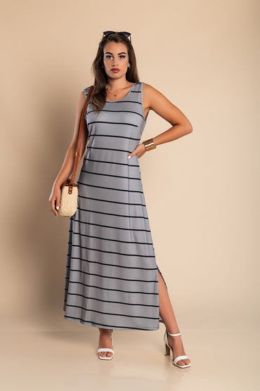 Abito lungo con stampa a righe, grigio