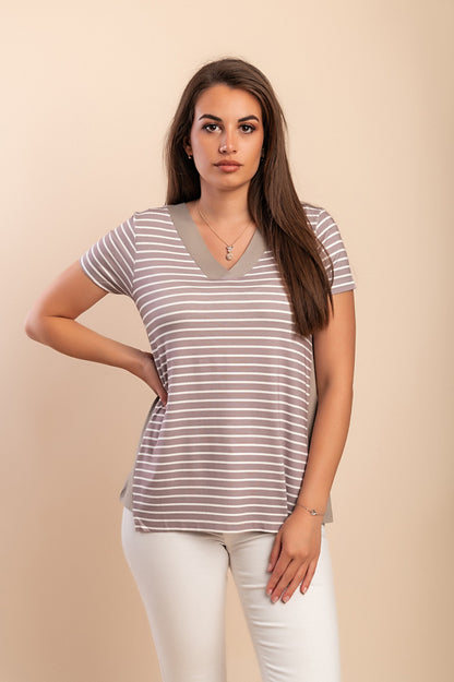 T-shirt con stampa a righe, beige