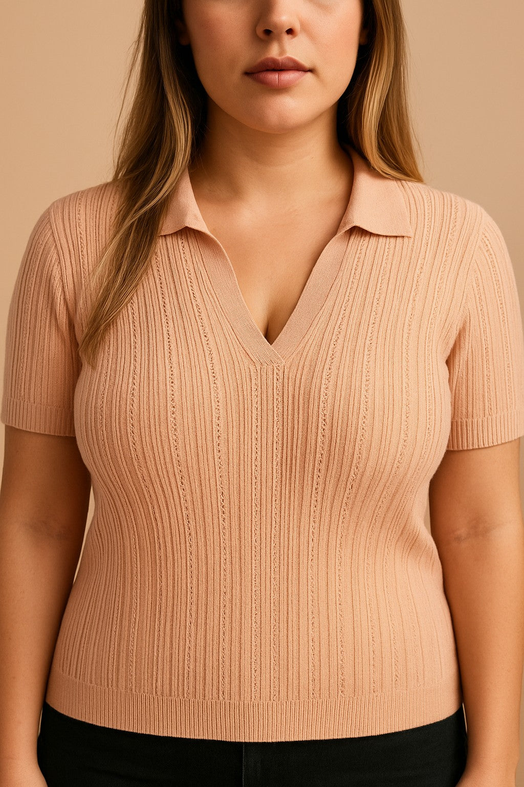 Top in maglia taglie forti con colletto, rosa chiaro
