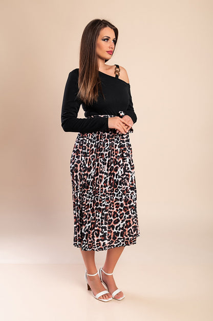 Abito midi con stampa leopardata, nero