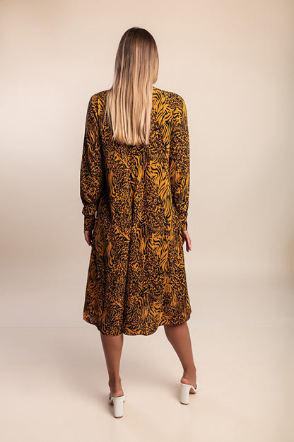 Abito midi con stampa, marrone