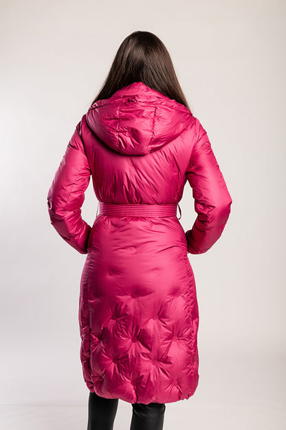 Giacca lunga imbottita con cappuccio, fucsia