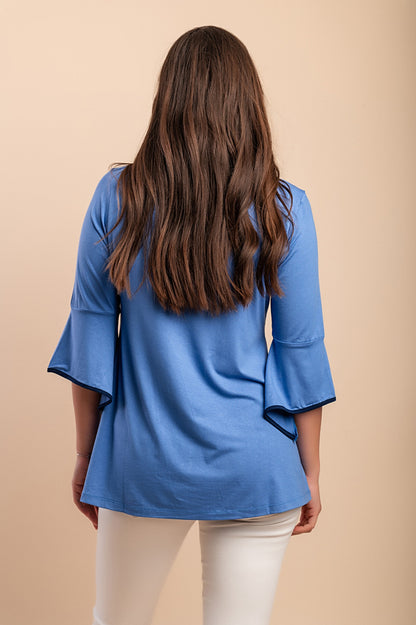 Top stampato con maniche a 3/4, blu