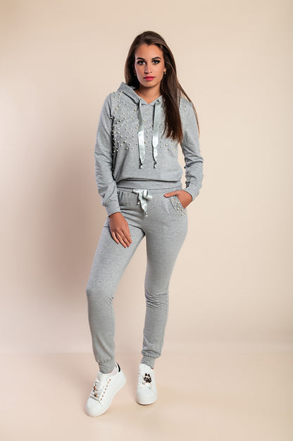 COMPLETO MAGLIETTA CON CAPPUCCIO E PANTALONE CON DETTAGLIATI DI PERLINE TINSELY, ROSA