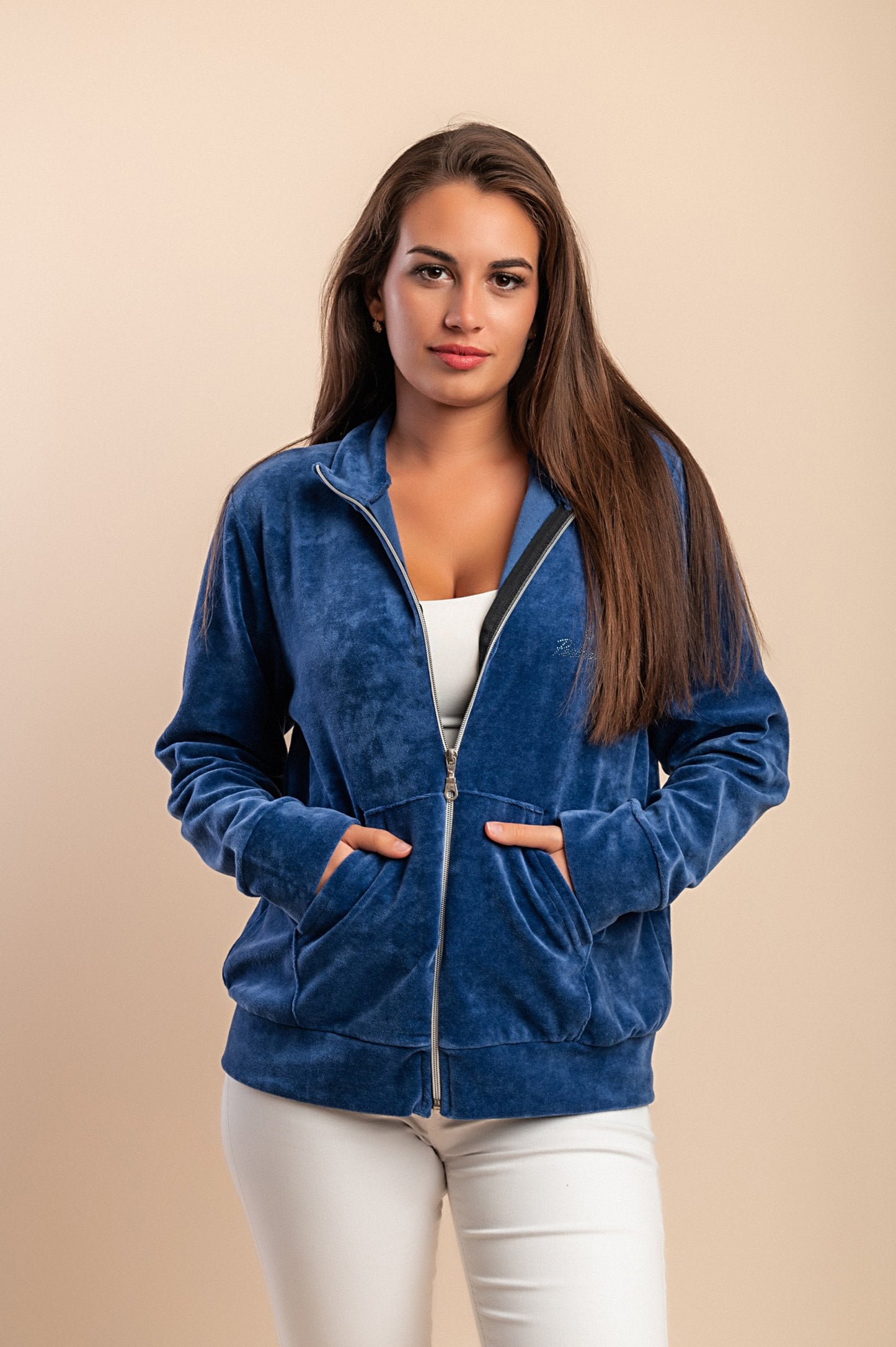 Felpa con zip in cotone e velluto sintetico, blu