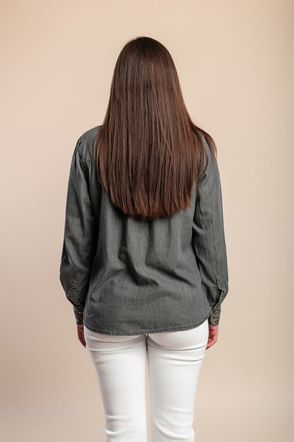 Camicia in denim taglie forti con ricamo, grigia