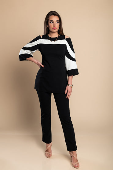 Competo elegante top con maniche a campana e pantaloni, nero