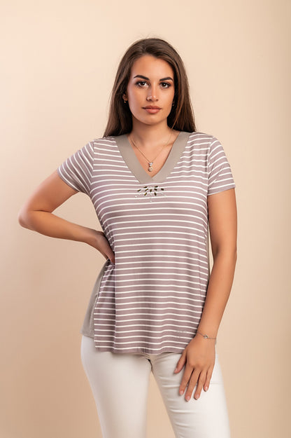 T-shirt con stampa a righe, beige